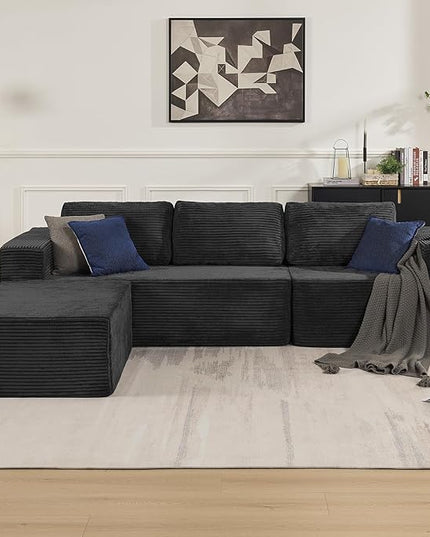 106" Modular Sectional Sofa with L-Shape Chaise, Right/Left Facing Deep Seat Cloud Couch, No Assembly Required, Upholstered Couch for Living Room Bedroom (Plush Corduroy Fabric, Black)