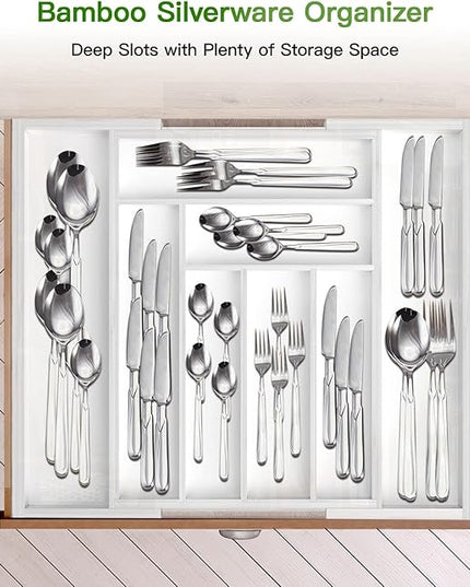 Pipishell Bamboo Expandable Drawer Organizer for Utensils Holder, Adjustable Cutlery Tray, Wood Drawer Dividers Organizer for Silverware, Flatware, Knives in Kitchen, Bedroom, Living Room (White)