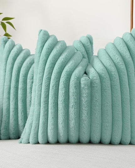 decorUhome Faux Fur Spring Throw Pillow Covers 22x22 Set of 2, Decorative Soft Plush Striped Neutral Couch Euro Pillow Covers with Velvet Back for Sofa, Bed, Living Room Home Decor, Aqua
