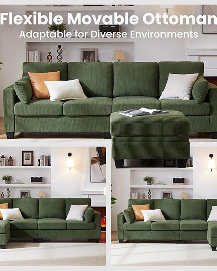 CHIC HOUSE Corduroy Modular Sectional Couch with Ottoman Chaise, L/U Shaped Sleeper Sofa for Living Room, Apartment, Lounge, Modern Armrest Neck Support Furniture (5 Seater Sectional, Green)