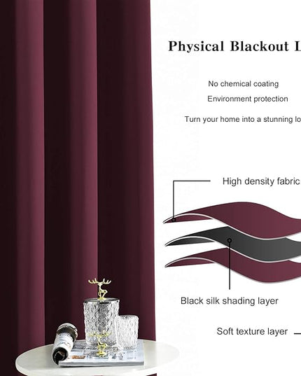 Blackout Curtains for Bedroom Thermal Insulated Light Blocking Room Darkening Curtains Solid Grommet Window Drapes for Living Room, Set of 2 Curtain Panels 52 W x 84 L inch Long Wine