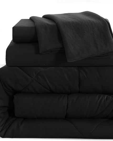 NTBAY Twin Comforter Set with Sheets, 5 Pieces Soft and Breathable Twin Bedding Set, Twin Bed in a Bag, Down Alternative Comforter Set Solid Color All Season, Kids Bedding Set, Black
