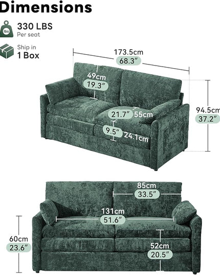 Tbfit Modern Loveseat Couch, 68" Cloud Sofa Spring Seat Cushion, Comfy 2-Seater Love Seat with Pillows, Chenille Removable Cover, Soft Upholstered Living Room Furniture Home Apartment, Green