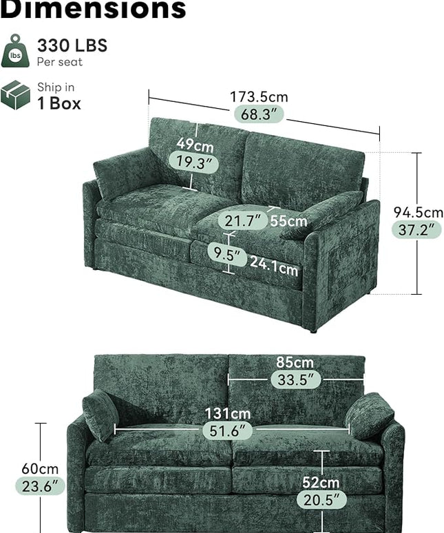 Tbfit Modern Loveseat Couch, 68" Cloud Sofa Spring Seat Cushion, Comfy 2-Seater Love Seat with Pillows, Chenille Removable Cover, Soft Upholstered Living Room Furniture Home Apartment, Green