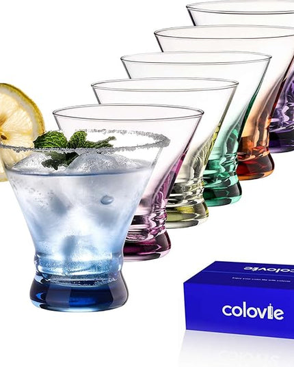 ColoVie Martini Glasses Set of 6 - Cocktail Glasses - 8oz Stemless Margarita, Bar, Dessert Glass - Colored Liquor Drinking Glassware - Cosmo, Manhattan, Espresso Martini - Cocktail Party Gift for Her