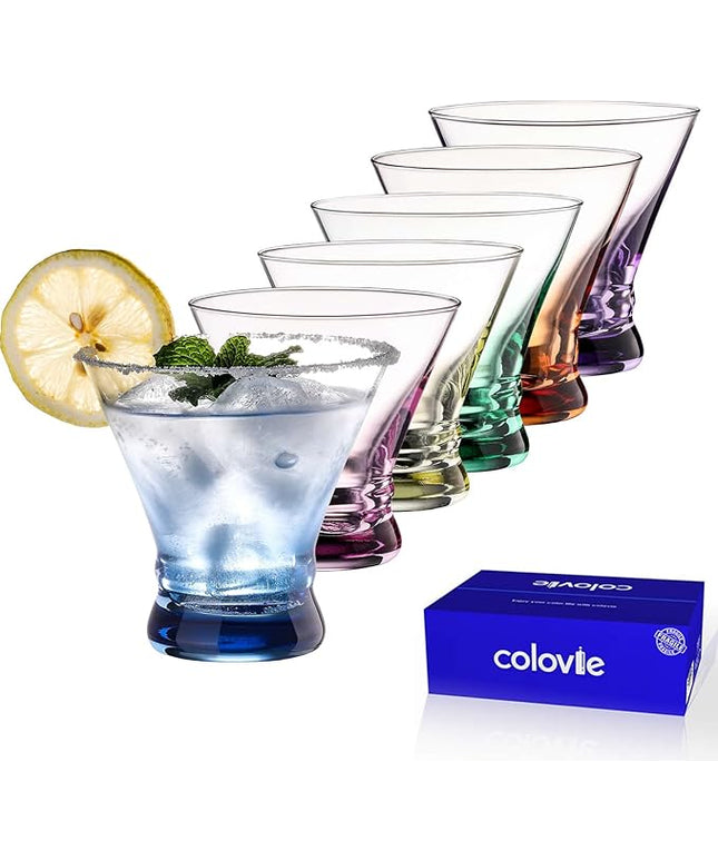 ColoVie Martini Glasses Set of 6 - Cocktail Glasses - 8oz Stemless Margarita, Bar, Dessert Glass - Colored Liquor Drinking Glassware - Cosmo, Manhattan, Espresso Martini - Cocktail Party Gift for Her