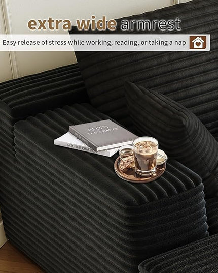 139.4" Modular Sectional Sofa, Oversized U-Shaped Minimalist Couches with 2 Middle Seats and 1 Ottoman Chaise, Modern Deep Seat Convertible Sleeper Sofa, Cloud Plush Corduroy Fabric,7 Seater, Black