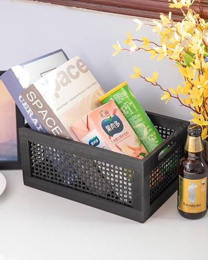 Wooden Storage Baskets,Black Woven Bamboo Basket Nesting Boxes with Built-in Handle for Pantry, Kitchen,Living Room,Shelves,Set of 2