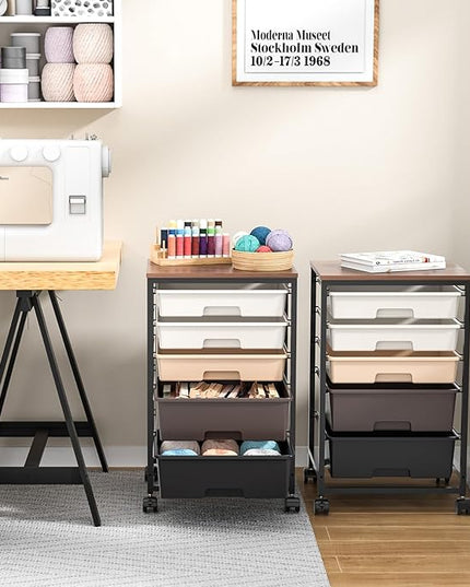 Utility Cart with 5 Drawers,Storage Drawer Cart with Wooden Tabletop and Lockable Wheels,Craft Storage Trolley Cart,5-Tier Rolling Utility Cart on Wheels,Dark Brown