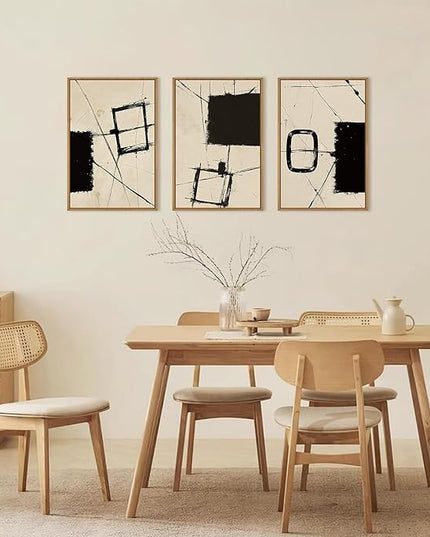 HOURIA Nordic Abstract Black & Beige Brush Stroke Framed Canvas Wall Art Set,Minimalist Geometric Grunge Line Shapes Ink Sketch Decor,Neutral Modern Drawing Artwork for Living Room,Farmhouse-24"x36"x3
