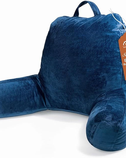 Sasttie Reading Pillow, Velvet Back Pillow for Bed Sitting Up, Adult Back-Rest Support Cushion with Arms for Sit Up on Couch, Sofa, and Floor, Dorm Essentials, Reading Accessories, Navy