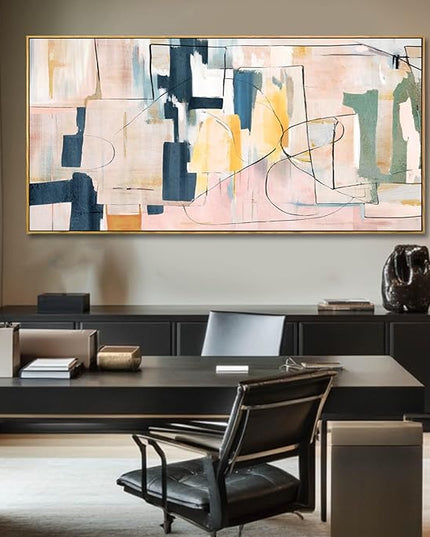 Pink Abstract Painting Large Wall Art Living Room Decor Blue Canvas Print Line Artwork Home Office Decoration 29x58 Inch