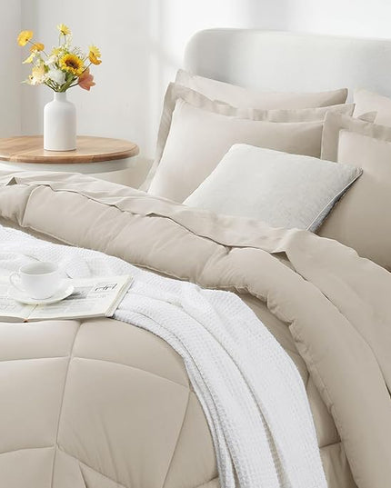 CozyLux Full Size Comforter Sets Beige - 7 Pieces Bed in a Bag Full, Luxury Soft Bed Set for All Seasons, Bedding Set with Down Alternative Comforter, Sheets, Pillowcases & Shams