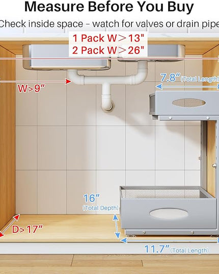 Under Sink Organizer, 2 Pack 2 Tier Pull Out Under Cabinet Organizer Shelf with Pad for Framed Cabinets, Metal Slide Out Under Sink Storage, Mesh Sliding Drawers for Kitchen Bathroom Laundry, Grey