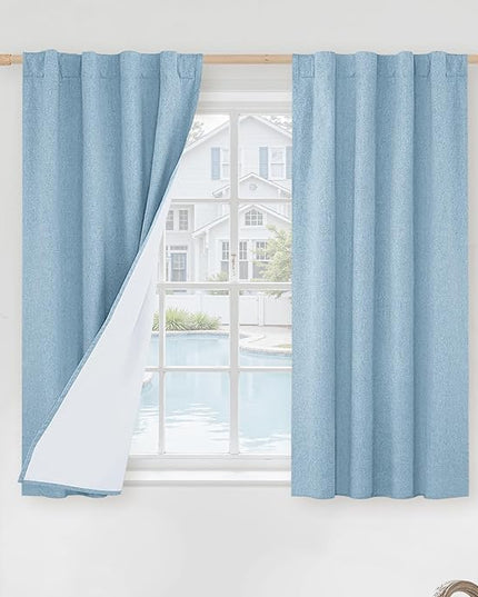 LAMIT Linen Full Blackout Window Curtains for Bedroom, 54 Inches Thermal Farmhouse Curtains Back Tab and Rod Pocket Privacy Protected Burlap Panels with White Liner, 2 Panels, 38 x 54 Inch, Stone Blue