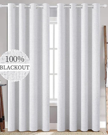 MIULEE White Blackout Curtains Linen Textured for Bedroom Nursery Thermal Insulated Room Darkening Grommet Curtains/Drapes for Living Room Decoration 52x84 Inch Grayish White 2 Panels