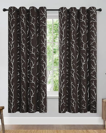 BUHUA Tree Branch Silver Curtains - 72 Inch Length Thermal Insulated, Darkening & Blackout for Living Room & Bedroom, 2 Panel Set, 52W x 72L, Brown
