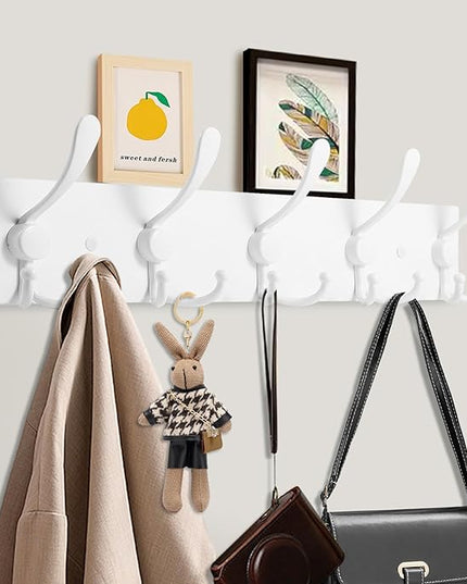 Coat Rack Wall Mount Coat Hooks Wooden Hat Rack for Wall Hooks Pine Real Wood Plank 16.9" White Coat Hanger with 5 White Triple Hooks for Hanging Coat Hat Jacket