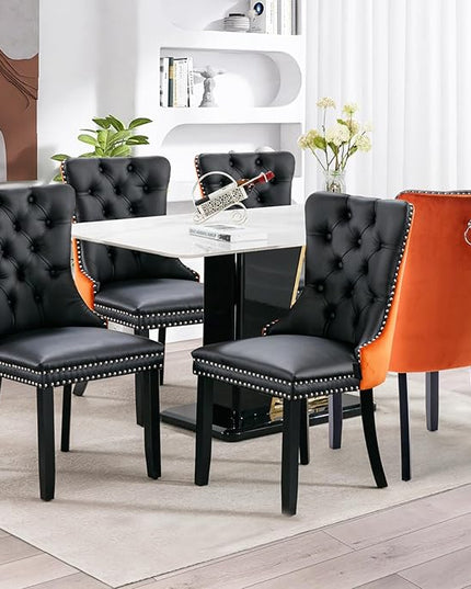 SoarFlash Leather Dining Chairs Set of 6, Tall Back Side Chair, Modern Upholstered Side Chair with Button Back Ring, Solid Wood Legs (Black&Orange)