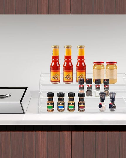 PMMASTO Widen Tiered Spice Rack, Seasoning Organizer, Clear Acrylic Vertical Shelves Can Organizer for Countertop, Cabinet, Pantry, Kitchen Organization and Storage - 3 Tier