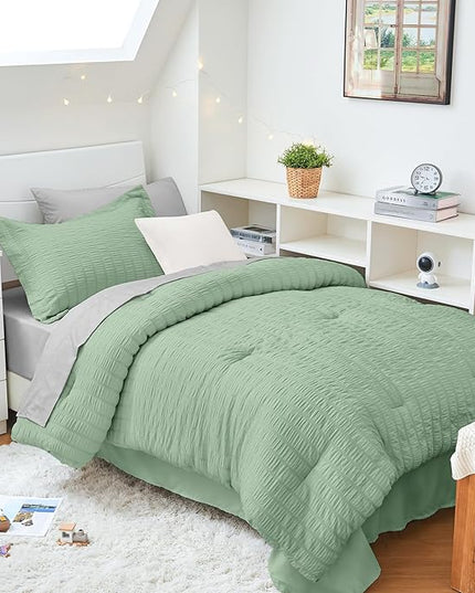 HYMOKEGE Sage Green/Light Grey Twin XL Comforter Set Seersucker 5 Pieces, All Season Luxury Bed in a Bag for Bedroom, Bedding Set with Comforter, Sheets, Pillowcase & Sham