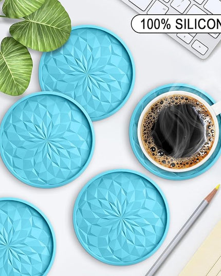 ME.FAN Silicone Coasters with Holder,[6 Pack] Drinking Coasters - Cup Mat for Hot or Cold Drinks, Thickened, Non-Slip, Non-stick,Deep Tray Sky Blue
