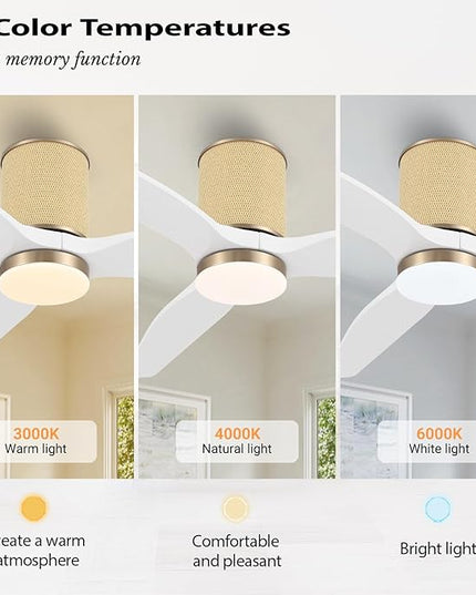 52" Ceiling Fan with Light - Low Profile Flush Mount Ceiling Fan, 6-Speed Remote Control, Solid Wood, Quiet Reversible DC Motor, Boho Style, for Bedroom, Living Room, Porch White/Gold