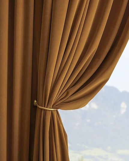 Joydeco Camel Brown Velvet Curtains 120 inch Length 2 Panels, Luxury Blackout Rod Pocket Thermal Insulated Window Curtains, Super Soft Room Darkening Drapes for Living Room Bedroom,W52 x L120 inches