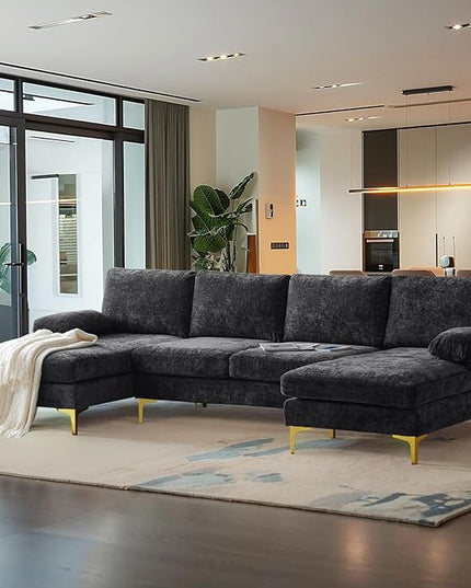 VINGLI 110" Large U-Shape Sectional Sofa Couch with 51" D Double Chaise for Living Room, Modern Sectional Couch Set with Soft 5.9" Thickness Seating Padding, Chenille Fabric,Metal Gold Legs(Black)