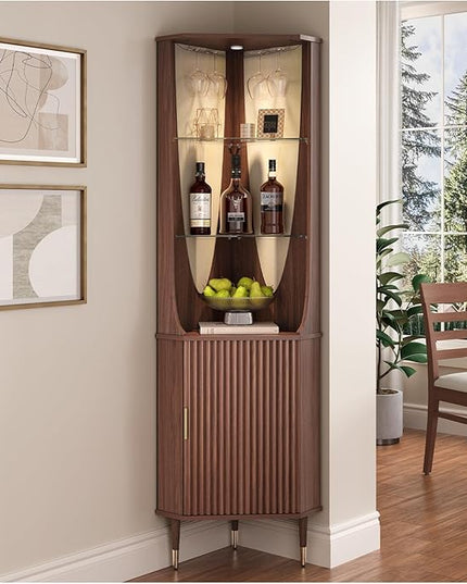 70" Tall Corner Cabinet,Mid Century Modern Cabinet with Doors,Fluted Corner Bar Cabinet with Glass Holder,Lights and Storage Shelves,Wine Bar Cabinet for Liquor, Living Room, Kitchen, Walnut