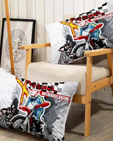 AILONEN Motorcycle Dirt Bike Fitted Sheet Set, Full Size Bedding Sheet Motocross Racing Sheet Set,Teen Boys Motocross Racer Bed Sheet Set 3 Pieces, 1 Fitted Sheet and 2 Pillowcases