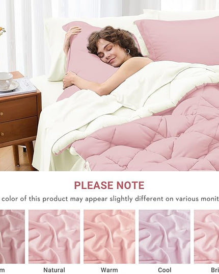 MUXHOMO 7 Pieces Full Comforter Set, Reversible Bed in a Bag Full Size, All Season Bedding Set with Comforter, Flat Sheet, Fitted Sheet, Pillowcases & Shams, Light Pink & Ivory