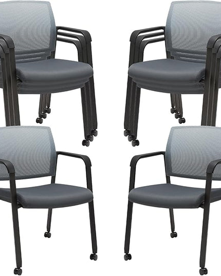 CLATINA Mesh Back Stacking Arm Chairs with Upholstered Fabric Seat and Ergonomic Lumbar Support for Office School Church Guest Reception (WithWheels Gray- 8 Pack)