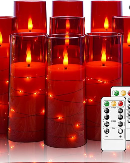 Flickering Flameless LED Candles,Battery Operated Candles 9 Pcs with Embedded Star String,Acrylic LED Pillar Candles with Remote,Suitable for Home Decoration to Create an Atmosphere（Red）
