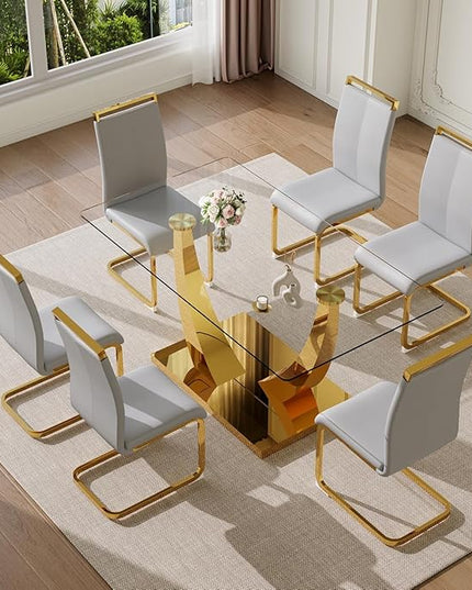 63” Glass Dining Table Set for 6,Gold Dining Room Table Set for 6,Modern Kitchen Table and PU Leather Chairs for 6, Rectangle Tempered Glass Top and Golden Base