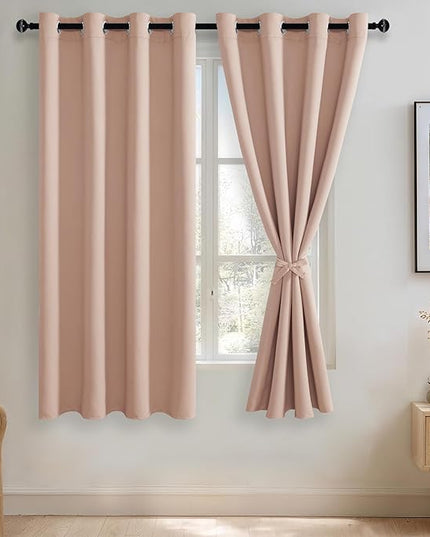 JIUZHEN Blackout Curtains with Tiebacks - Thermal Insulated, Light Blocking and Noise Reducing Grommet Curtain Drapes for Bedroom and Living Room, Set of 2 Panels, Blush Pink, 52 x 63 Inch Length