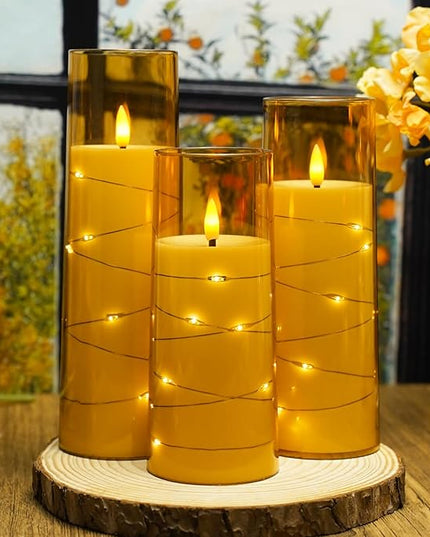 Flickering Flameless LED Candles,Battery Operated Candles 9 Pcs with Embedded Star String,Acrylic LED Pillar Candles with Remote,Suitable for Home Decoration to Create an Atmosphere（Gold）