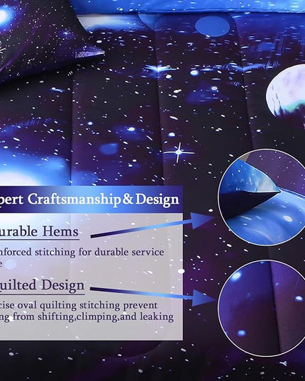 JQinHome Twin Galaxy Comforter Sets 6 Piece Bed in A Bag, Outer Space Themed Bedding for Children Boy Girl Teen Kids,1 Comforter, 1 Flat Sheet, 1 Fitted Sheet, 2 Pillowshams, 1 Cushion Cover(Purple)