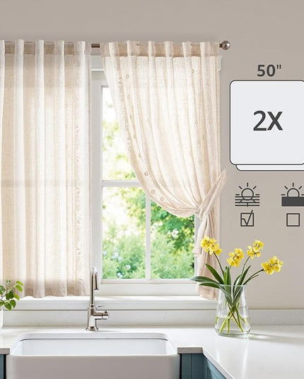 jinchan Winslow Linen Curtains 45 Inch Length Small Window Curtains Embroidered Bordered Floral Drapes Light Filtering for Bathroom Laundry Room Kitchen Farmhouse Decor White on Beige 2 Panels