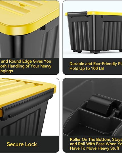 Nazhura 97 Quart Plastic Storage Bin, Stackable and Nestable Storage Boxes with Yellow Lids and Secure Latching Buckles, Large Storage Container (Black/Yellow, 97Quart-6Pack)