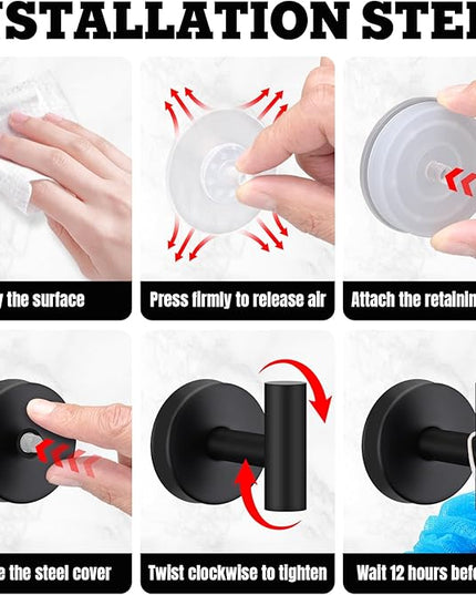 4 Pack Suction Cup Hooks for Shower - Stainless Steel Towel Hooks for Bathroom, Removable Shower Hooks for Bathroom Mirror Window Glass Wall Robe Looafh, Waterproof, Black