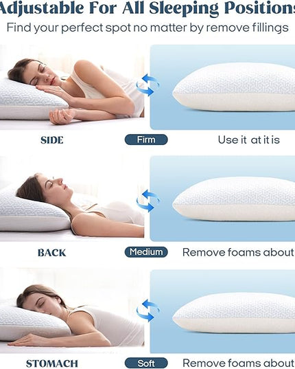 puredown® Cooling Pillows Queen Size Set of 2, Memory Foam Pillows Adjustable Firm Bed Pillows for Sleeping, Cool Pillow for Hot Sleepers with Zipper Removable Pillow Cover