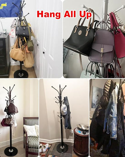 Kertnic Metal Coat Rack Stand with Natural Marble Base, Free Standing Hall Tree with 12 Hooks for Hanging Scarf, Bag, Jacket, Home Entry-way Hat Hanger Organizer (White)