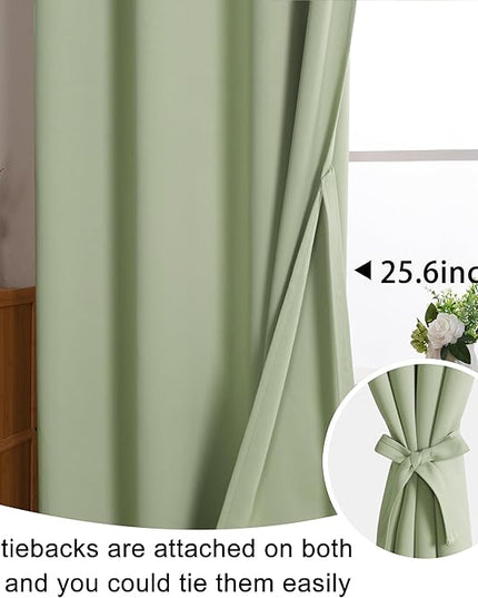 JIUZHEN Light Green Blackout Curtains with Tiebacks Thermal Insulated, Light Blocking and Noise Reducing Grommet Curtains for and Living Room, Set of 2 Window Curtain Panels, 70 x 84 Inch Length
