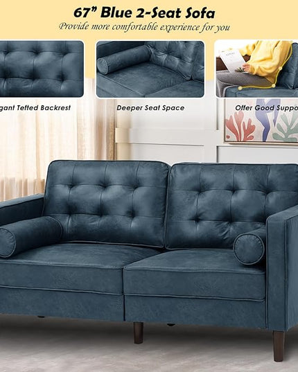 67" Suede Leather 2 Seater Sofa with Two Bolster Pillows, Tufted Sofa with Wooden Legs, Mordern Couch for Living Room, Office, Apartment, Blue