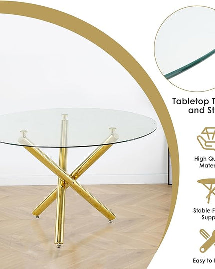 Modern Round Glass Dining Table Set, 5 PCS Luxury Minimalist Circle Dining Room Set for 4, 47'' Clear Circular Kitchen Table and Navy Blue Woven Chair Set of 4, for Living Room Home (Golden)