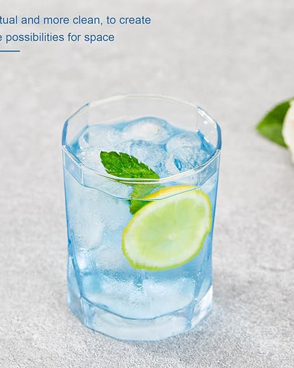 CREATIVELAND Geometric Shapes Glass Drinking Glasses Set of 6, Solid Blue Color 10 OZ Glass Tumbler Glassware for Water, Juice, Different Options for Home, Restaurant, Hotel, Bar