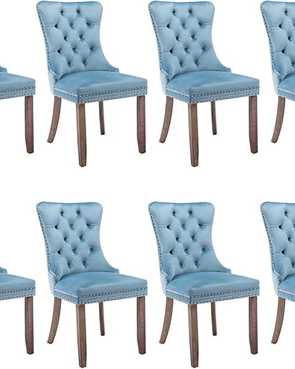 SoarFlash Velvet Dining Chair Set of 8, Upholstered Tufted Dining Room Chair with Nailhead Trim and Solid Wood Leg for Kitchen (Sky-Blue)