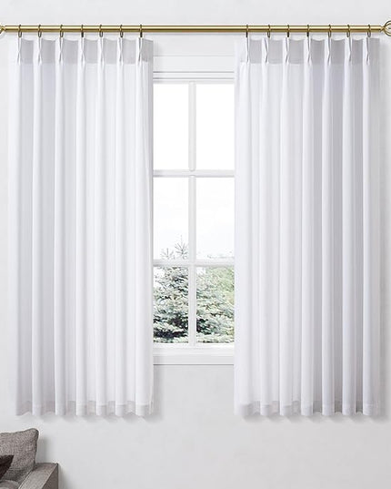 Pinch Pleated White Linen Curtains 54 inch Length Light Filtering Small Window Panels - Non See Through Curtain for Kitchen with Hooks and Back Tab Bay Windows Drapes 4-1/2 FT