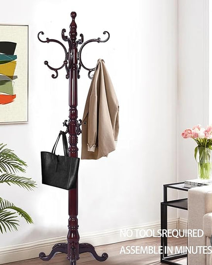 Wooden Coat Racks, Retro 78" Coat Tree with 12 Hooks & Stable Triangular Base, Entryway Coat Rack Freestanding for Hat, Clothes, Scarves, Handbags, Umbrella (Mahogany)